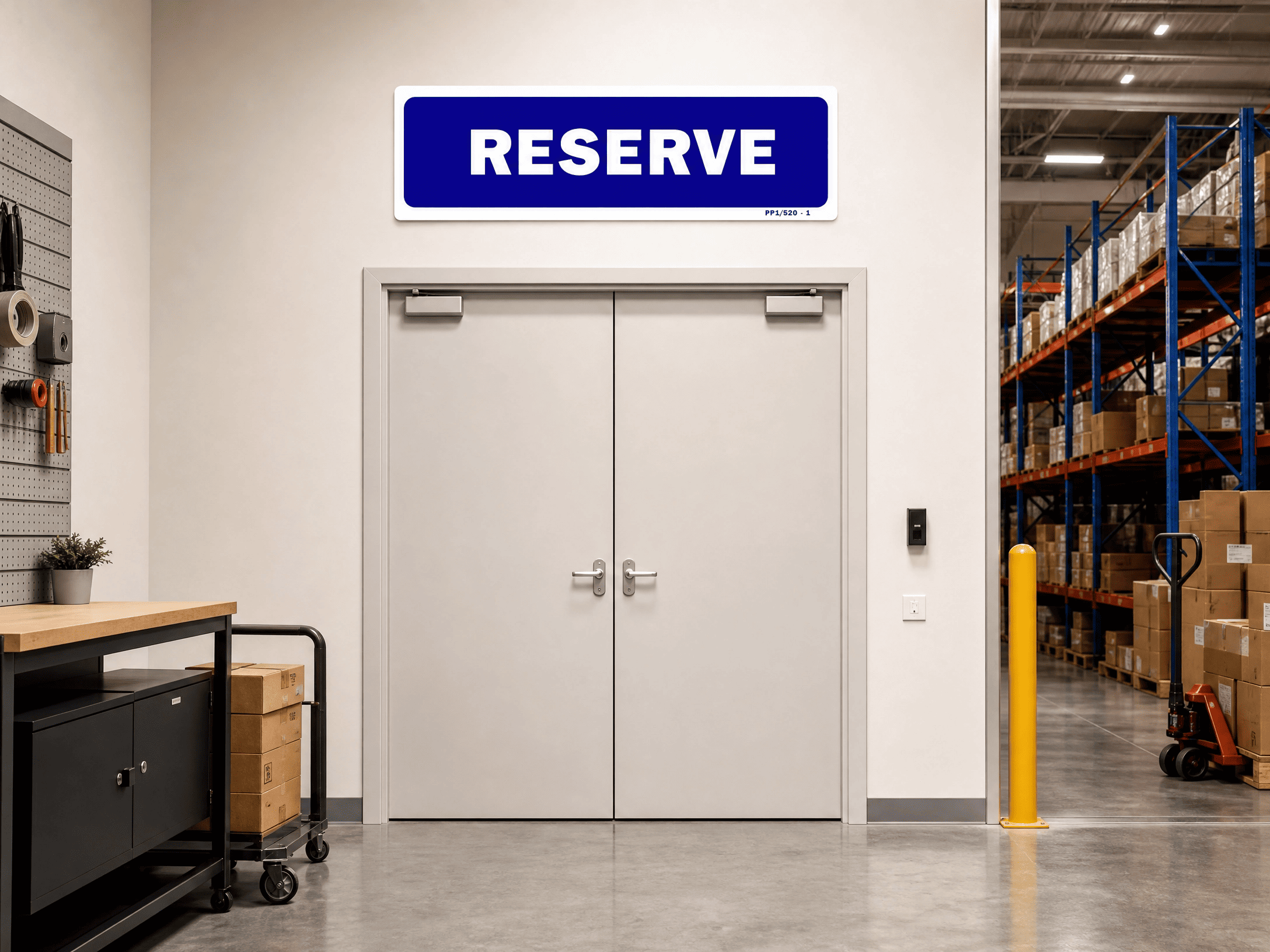 Panneau r&eacute;serve fond bleu pos&eacute; sur la porte d'un local de stockage